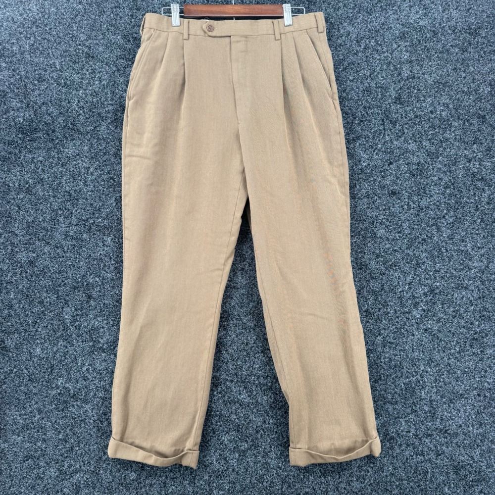 Brooks Brothers Mens 100% Wool Pleated Dress Pants Tan Italy Cuffed 32x28